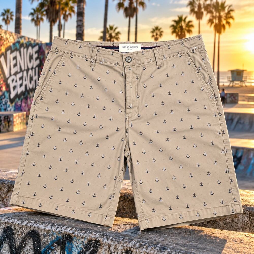 Hudson & Barrow Shorts Khaki Size 38 Men's anchors Nautical Chino Shorts Beige